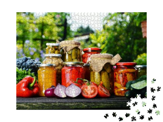 Jars of Pickled Vegetables in the Garden. Marinated Food... Jigsaw Puzzle with 1000 pieces