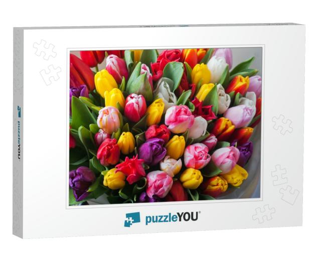 Mix of Spring Tulips Flowers Near Grey Wall... Jigsaw Puzzle