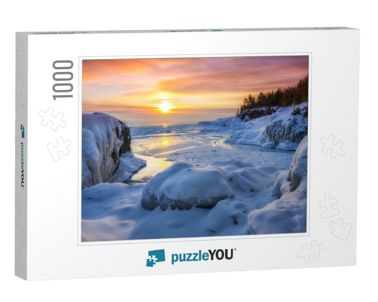 Frozen Lake Superior Sunrise At Presque Isle Park, Winter... Jigsaw Puzzle with 1000 pieces