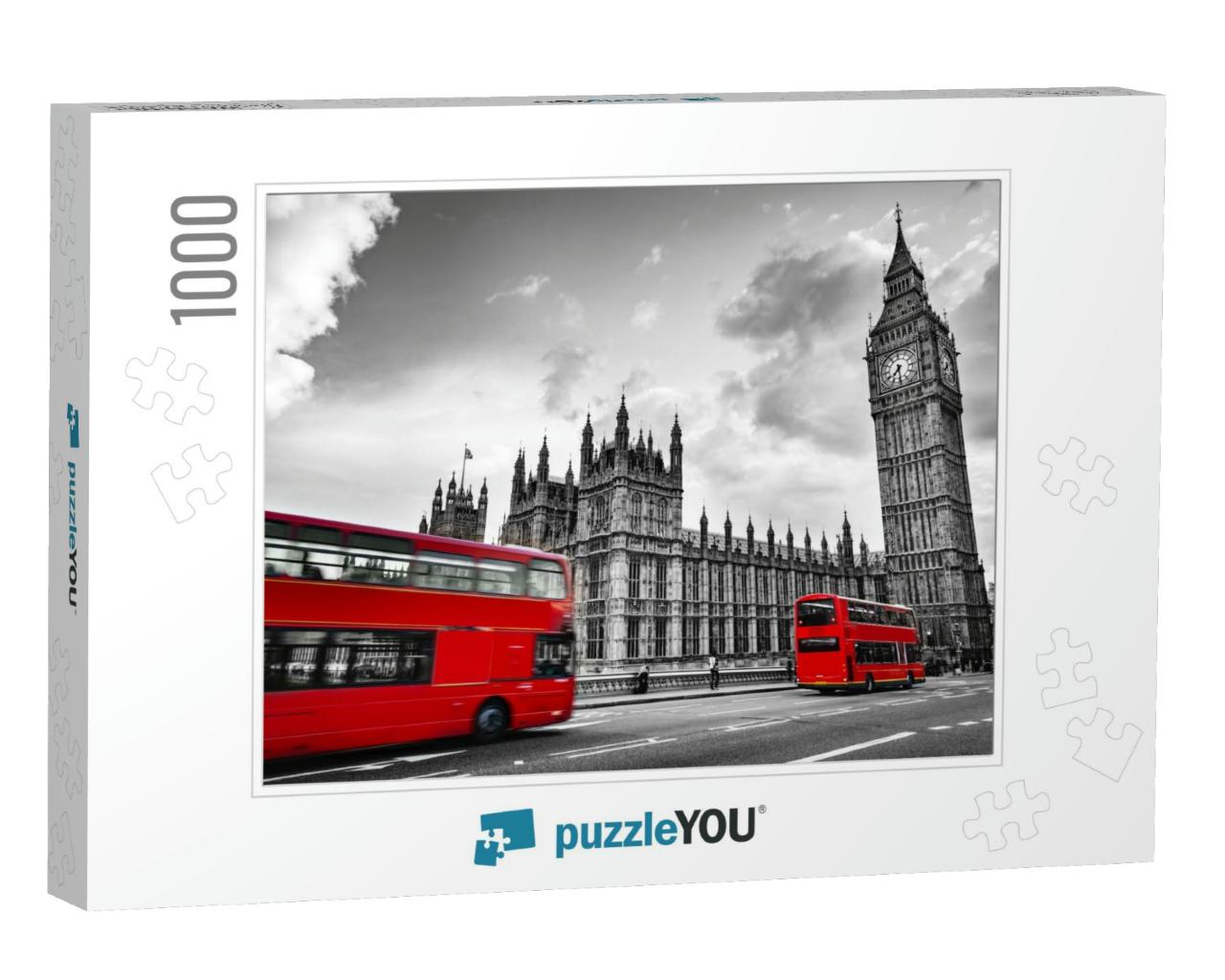 London, the Uk. Red Buses in Motion & Big Ben, the Palace... Jigsaw Puzzle with 1000 pieces