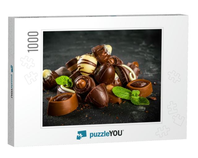 Various Chocolate Candies Over Dark Background. Different... Jigsaw Puzzle with 1000 pieces