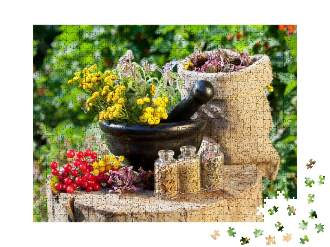 Healing Herbs in Mortar & in Sack, Herbal Medicine... Jigsaw Puzzle with 1000 pieces