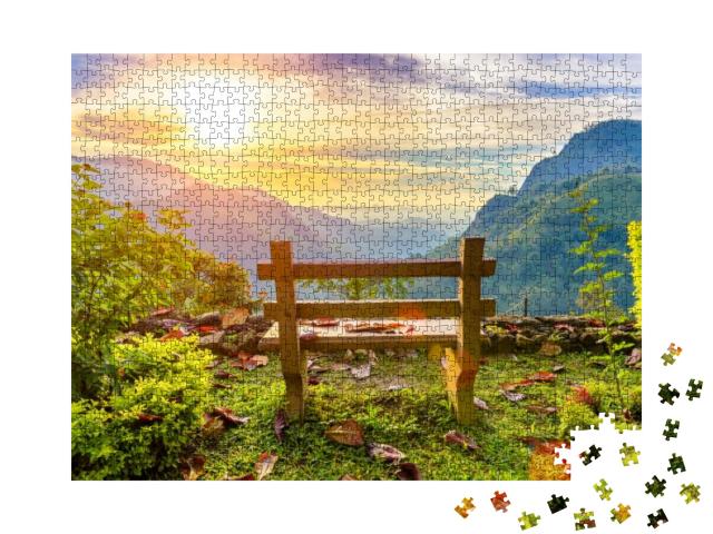 A Bench with a View of the Beautiful Mountain Valley At D... Jigsaw Puzzle with 1000 pieces