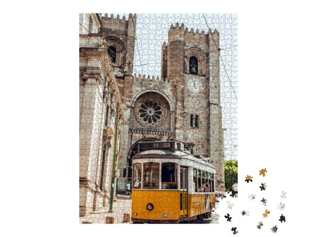 Yellow Tram in Front of Church in Lisbon City, Portugal... Jigsaw Puzzle with 1000 pieces