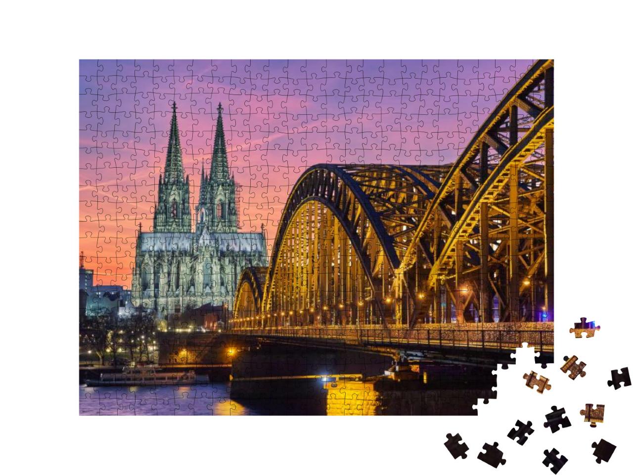 Cologne Cathedral & Hohenzollern Bridge At Sunset / Night... Jigsaw Puzzle with 500 pieces