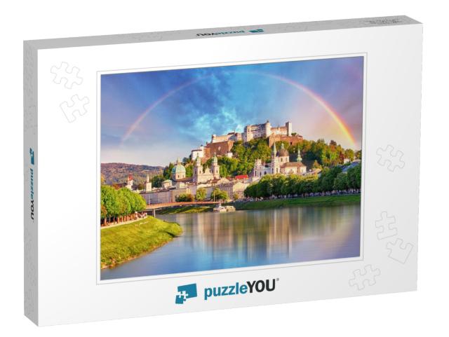 Austria, Rainbow Over Salzburg Castle... Jigsaw Puzzle