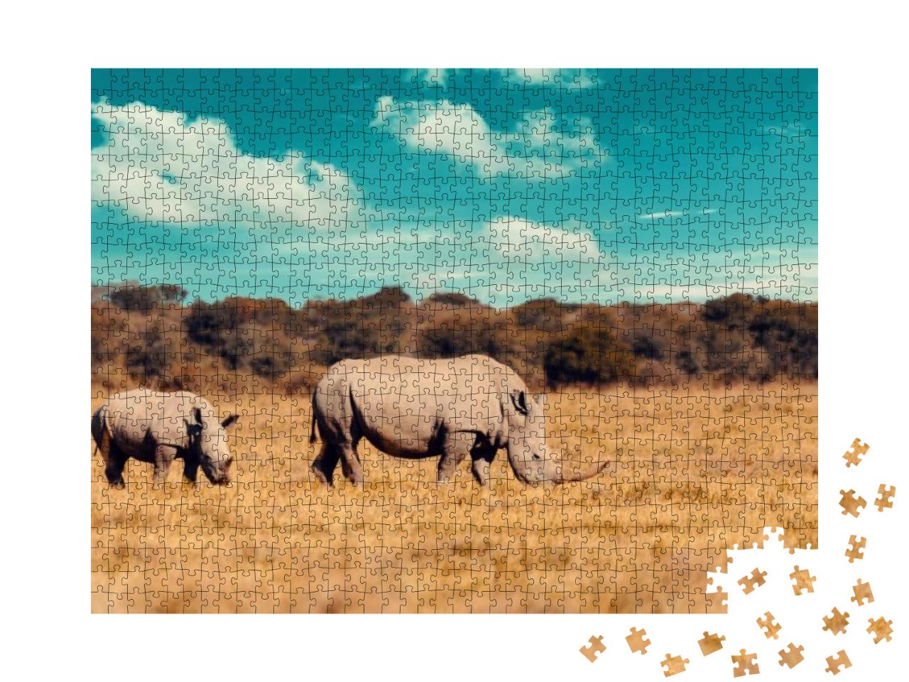 Rhino Family, Mother with Baby of White Rhinoceros Khama... Jigsaw Puzzle with 1000 pieces