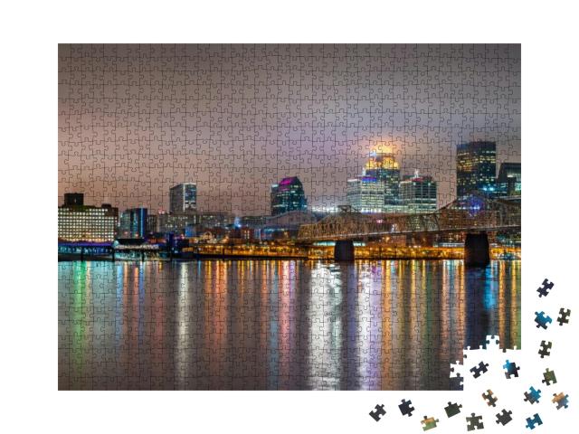 Night Skyline of Louisville, Kentucky Over the Ohio River... Jigsaw Puzzle with 1000 pieces