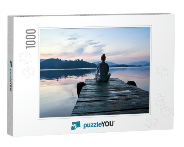Peaceful Lifestyle Shot of Woman Sitting on Dock At Sunse... Jigsaw Puzzle with 1000 pieces