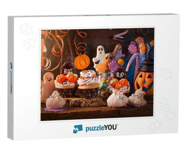 Sweets for Halloween Party on a Wooden Background... Jigsaw Puzzle