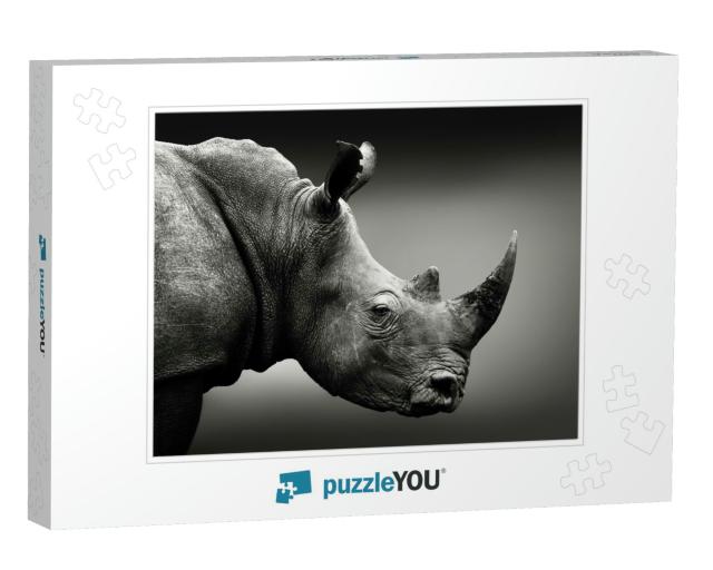 Highly Alerted Rhinoceros, Black & White, Monochrome Port... Jigsaw Puzzle