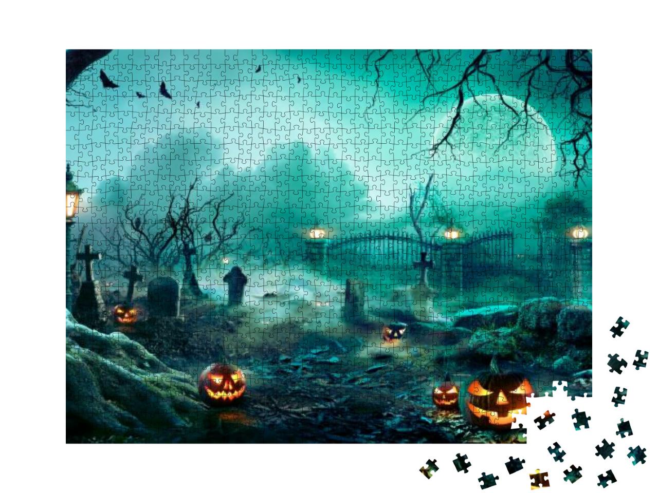 Pumpkins in Graveyard in the Spooky Night - Halloween Bac... Jigsaw Puzzle with 1000 pieces