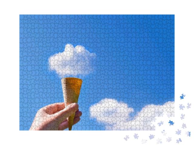 Picture of Woman Holding Ice Cream Cone in the Sky with F... Jigsaw Puzzle with 1000 pieces