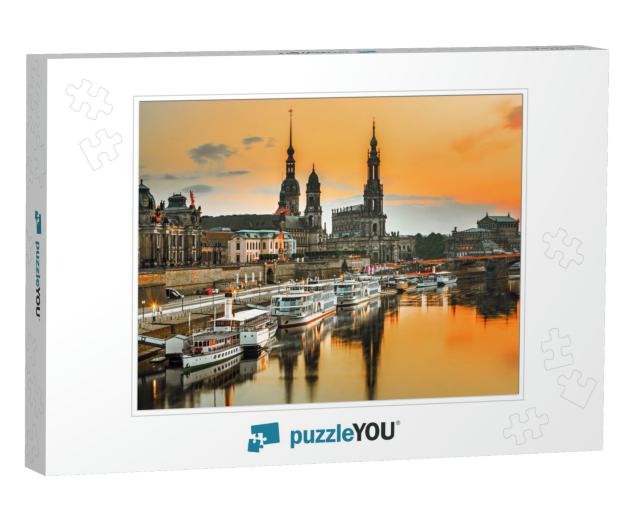 Dresden City Skyline At Elbe River & Augustus Bridge At S... Jigsaw Puzzle