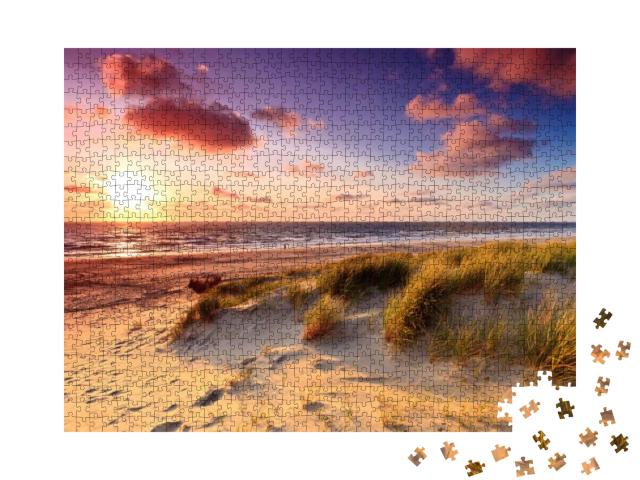 Seaside with Sand Dunes & Colorful Sky At Sunset... Jigsaw Puzzle with 1000 pieces