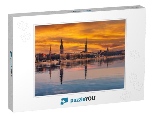 Cityscape of Riga Latvia with Reflections on a Quiet Stil... Jigsaw Puzzle