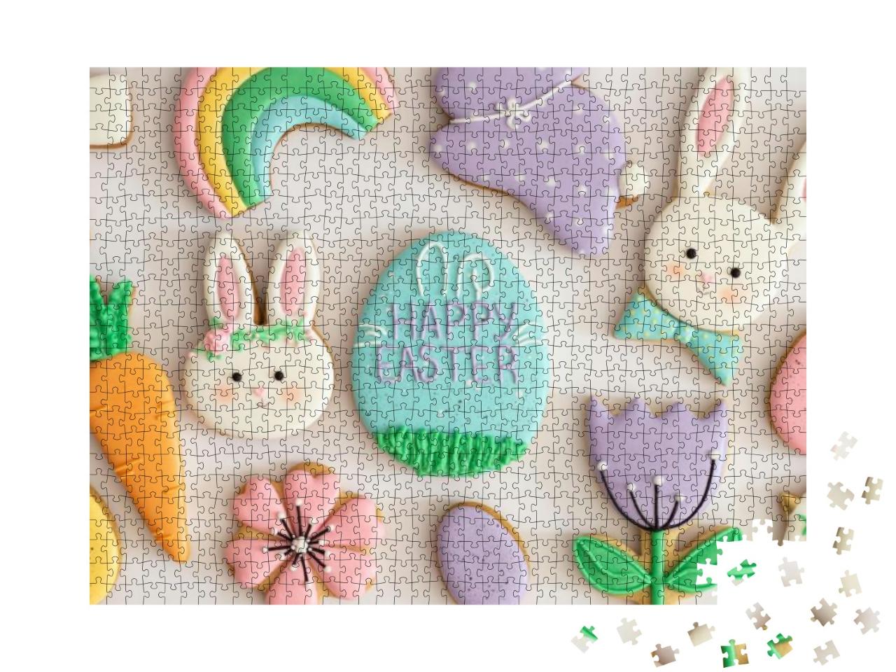 Happy Easter. Multicolored Pastel Easter Cookies on a Whi... Jigsaw Puzzle with 1000 pieces
