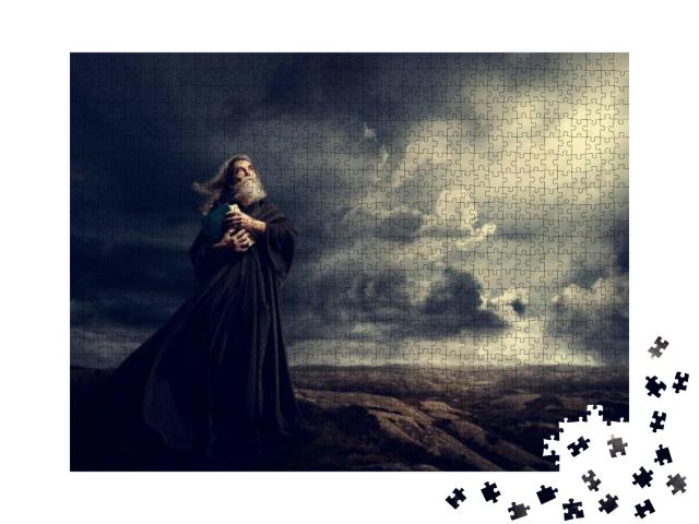 Monk Holding Bible Looking Up to God Sky Light, Old Pries... Jigsaw Puzzle with 1000 pieces
