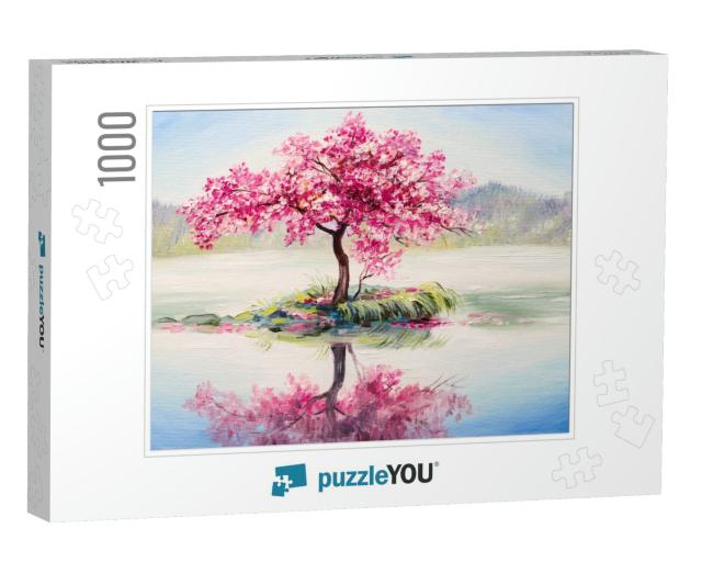 Oil Painting Landscape, Oriental Cherry Tree, Sakura on t... Jigsaw Puzzle with 1000 pieces