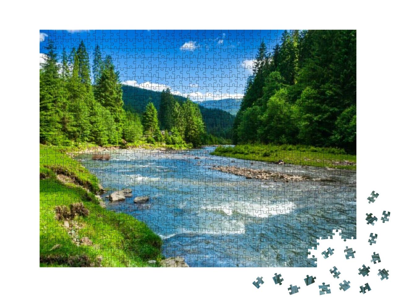 Landscape with Mountains, Forest & a River in Front. Beau... Jigsaw Puzzle with 1000 pieces
