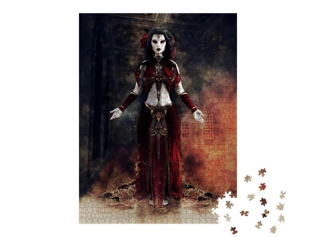 Fantasy Gothic Sorceress in a Red Dress Standing in a Hal... Jigsaw Puzzle with 1000 pieces