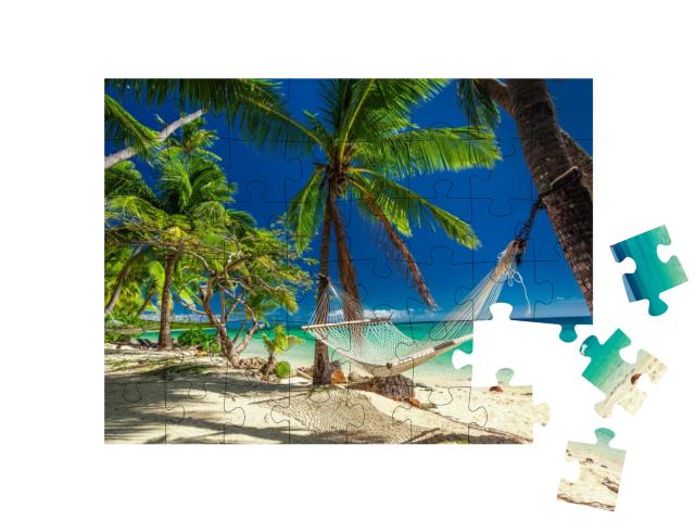Empty Hammock in the Shade of Palm Trees on Tropical Fiji... Jigsaw Puzzle with 48 pieces