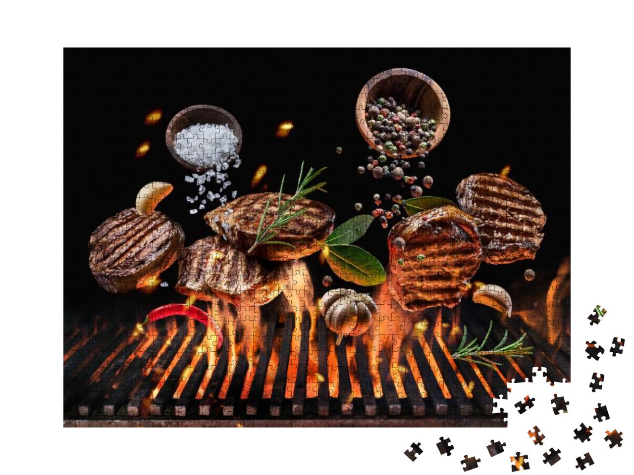 Grilled Beef Steaks with Vegetables & Spices Fly Over the... Jigsaw Puzzle with 1000 pieces
