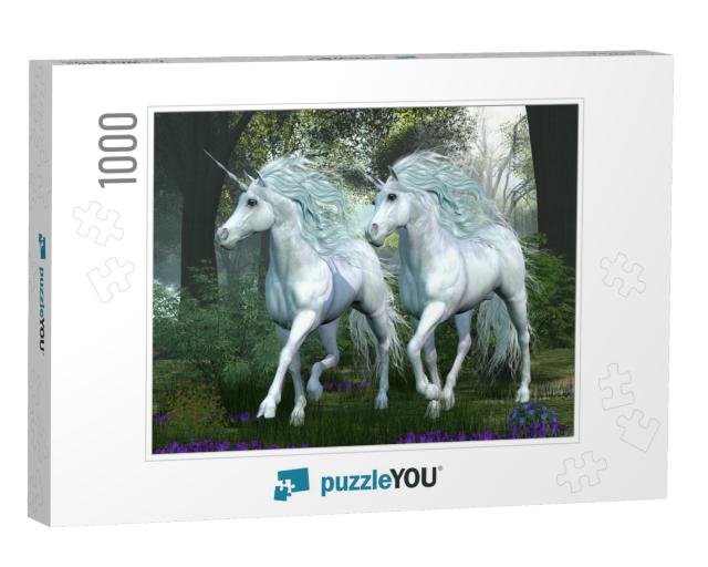 Unicorn Elm Forest - Two White Unicorns Prance Through an... Jigsaw Puzzle with 1000 pieces
