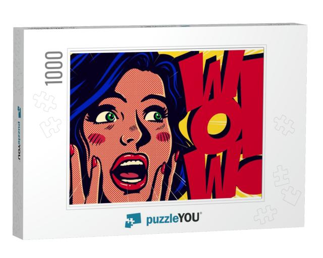 Vintage Pop Art Style Comic Book Panel with Surprised & E... Jigsaw Puzzle with 1000 pieces