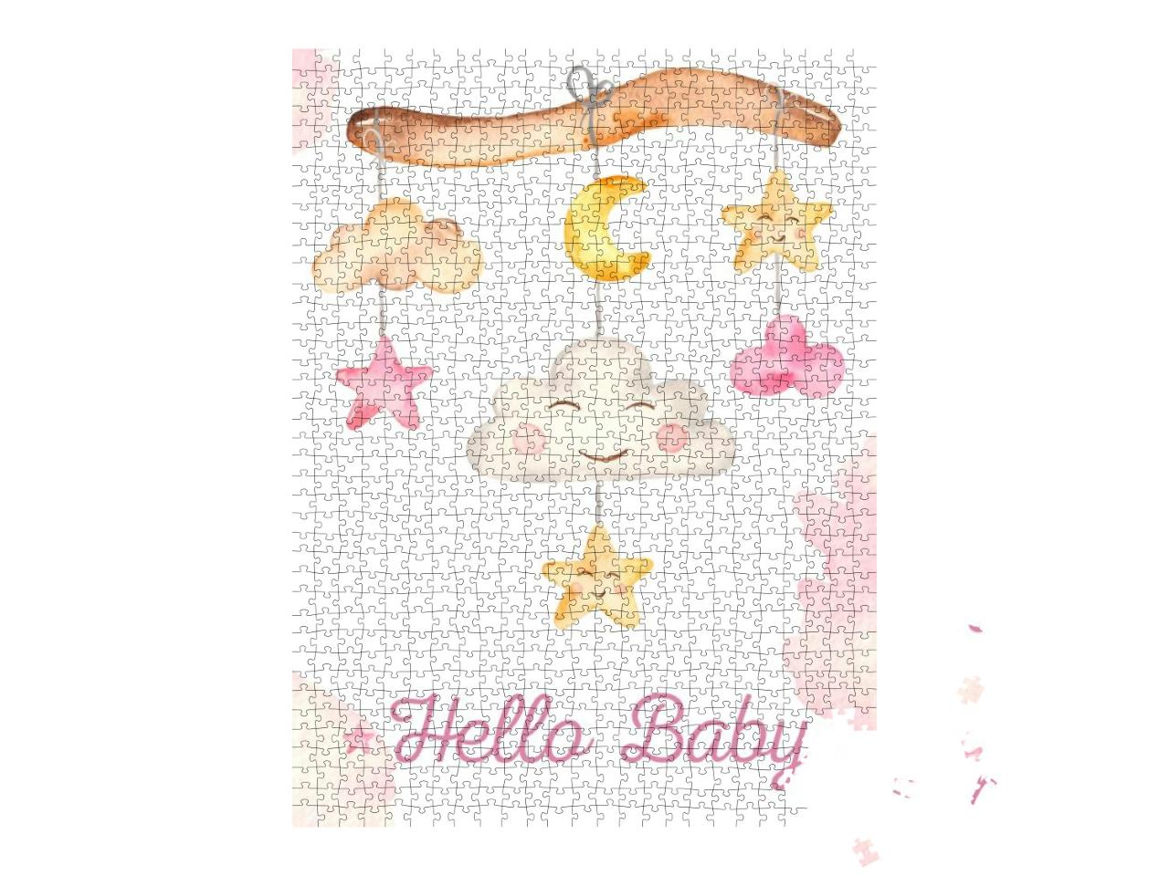 Watercolor Card with Mobile Baby Newborn Cute Girl... Jigsaw Puzzle with 1000 pieces