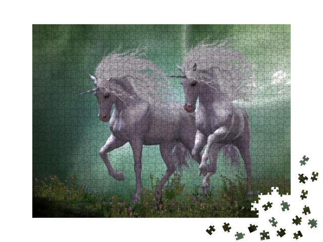 Moonlight Unicorns 3D Illustration - Two Unicorn Stallion... Jigsaw Puzzle with 1000 pieces