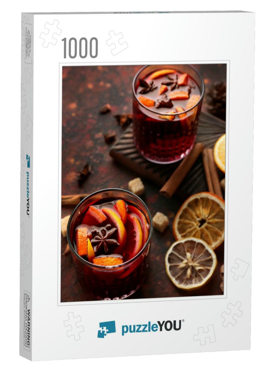 Glasses of Delicious Mulled Wine on Color Table... Jigsaw Puzzle with 1000 pieces