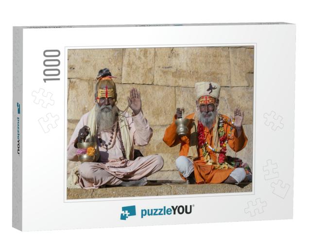 Two Hindu Sadhu Holy Man, Sits on the Ghat, Seeks Alms on... Jigsaw Puzzle with 1000 pieces