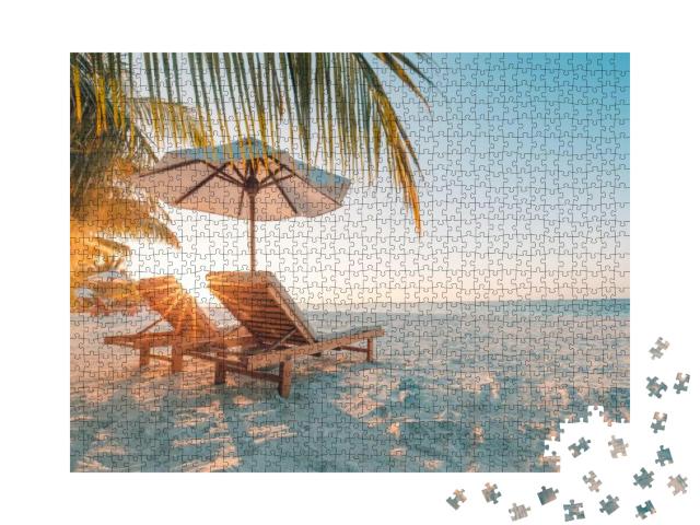 Beautiful Beach. Chairs on the Sandy Beach Near the Sea... Jigsaw Puzzle with 1000 pieces