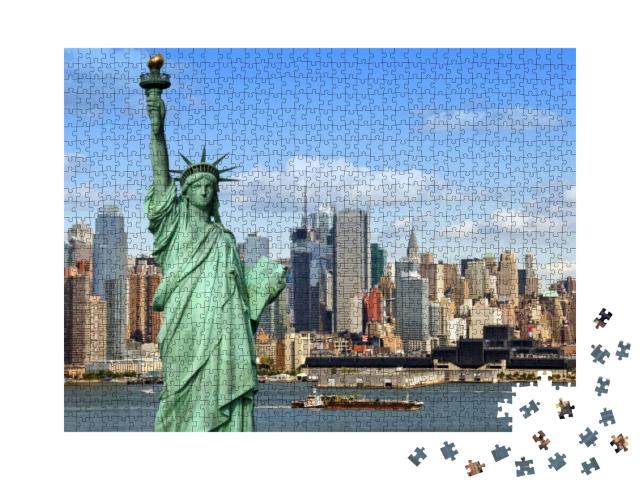 New York City Skyline Cityscape with Statue of Liberty Ov... Jigsaw Puzzle with 1000 pieces