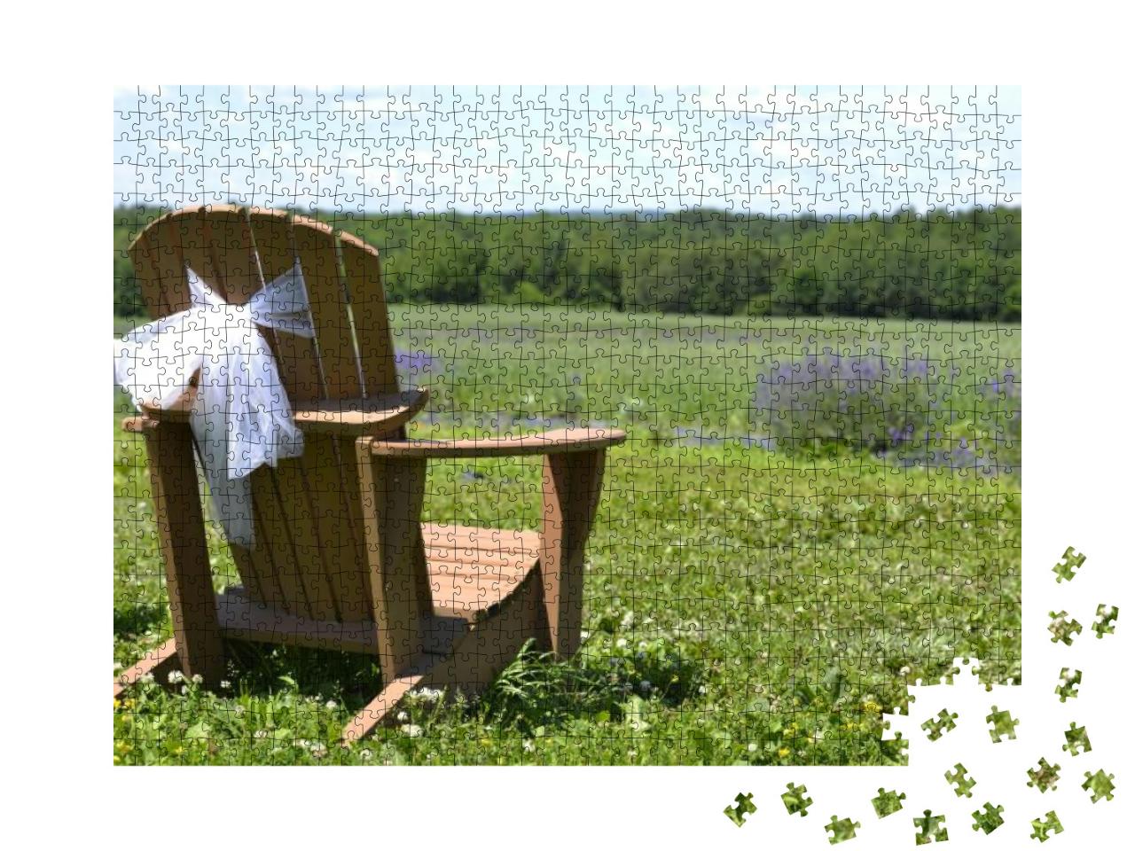 Wedding Adirondack Old Chair, on Lavender Flowers Field... Jigsaw Puzzle with 1000 pieces