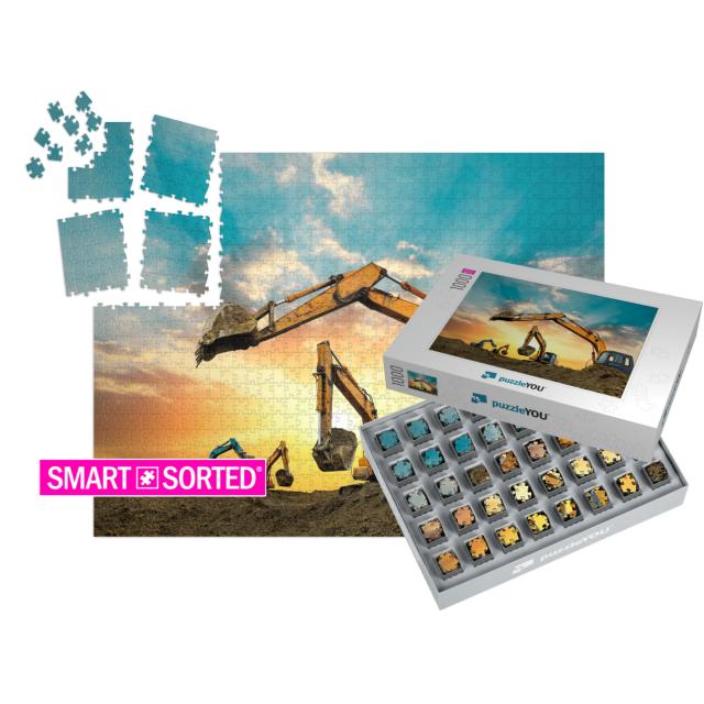 Four Excavators Work on Construction Site At Sunset... | SMART SORTED® | Jigsaw Puzzle with 1000 pieces