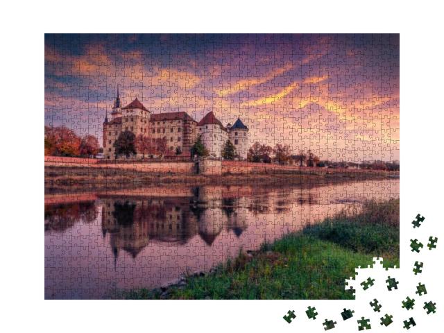 Old Hartenfels Castle on the Shore of Elbe River. Fantast... Jigsaw Puzzle with 1000 pieces