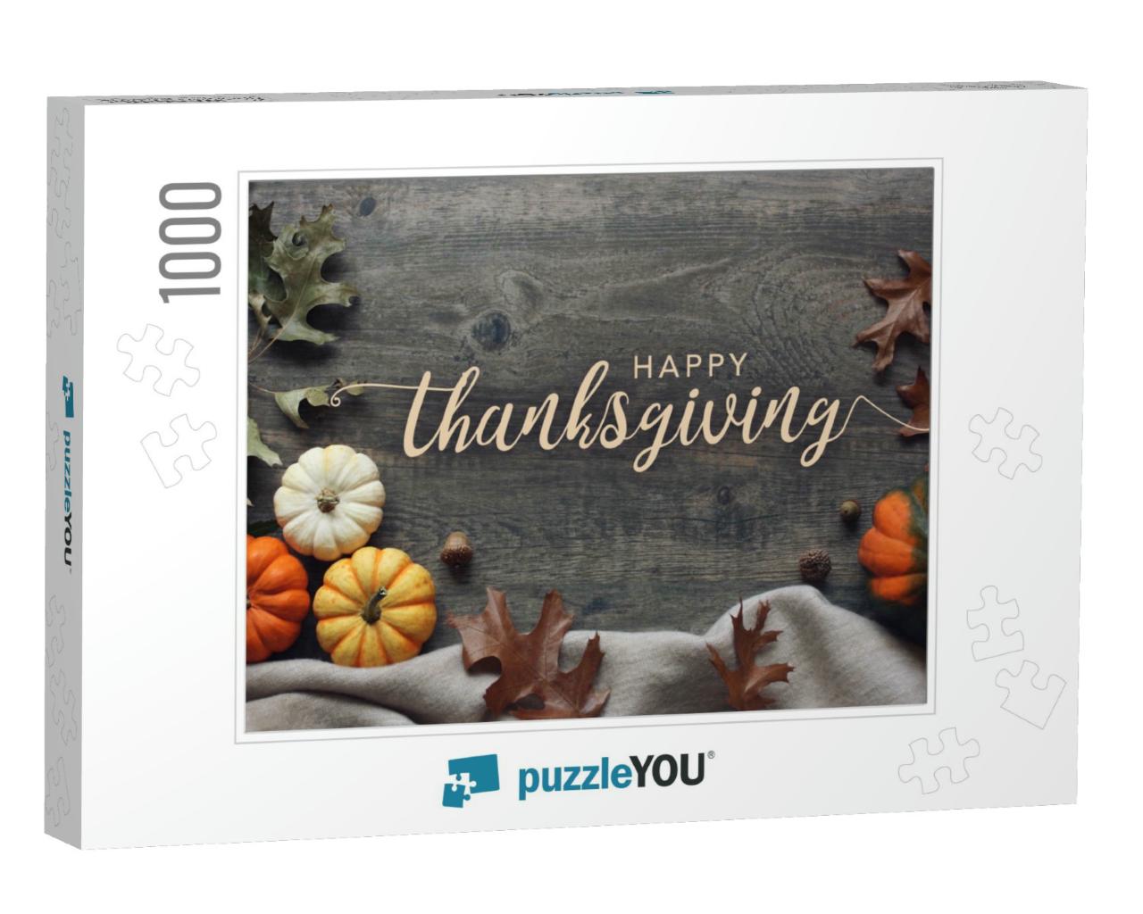 Happy Thanksgiving Script with Pumpkins & Leaves Over Dar... Jigsaw Puzzle with 1000 pieces