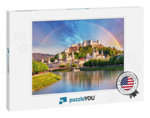 Austria, Rainbow Over Salzburg Castle... Jigsaw Puzzle