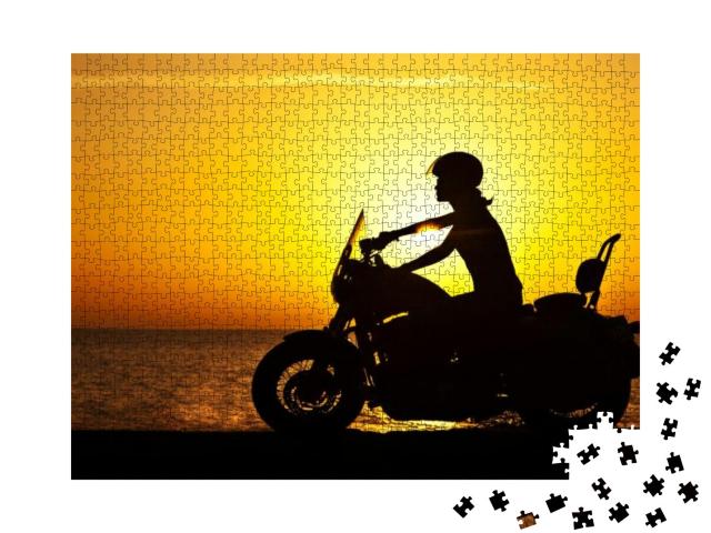 Woman Biker Over Sunset, Female Riding Motorcycle, Motorb... Jigsaw Puzzle with 1000 pieces