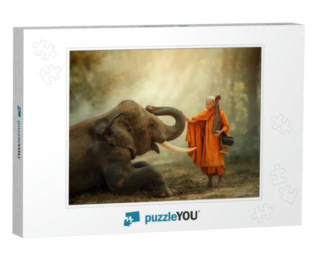 Monk Walking Hiking with Canny Elephant in Forest... Jigsaw Puzzle