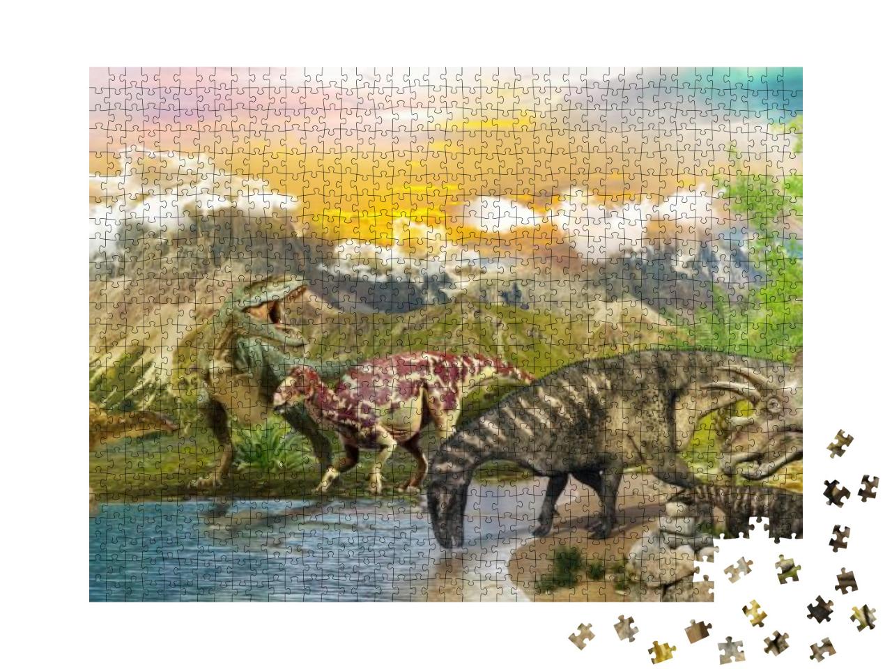 Dinosaurs in the Park by the Lake. 3D Image... Jigsaw Puzzle with 1000 pieces