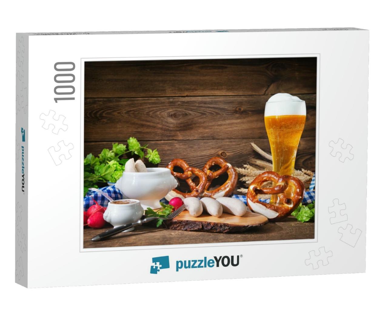 Bavarian Sausages with Pretzels, Sweet Mustard & Beer on... Jigsaw Puzzle with 1000 pieces