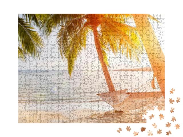 Hammock on a Palm Tree Sunset Glare of the Sun Sea Ocean... Jigsaw Puzzle with 1000 pieces