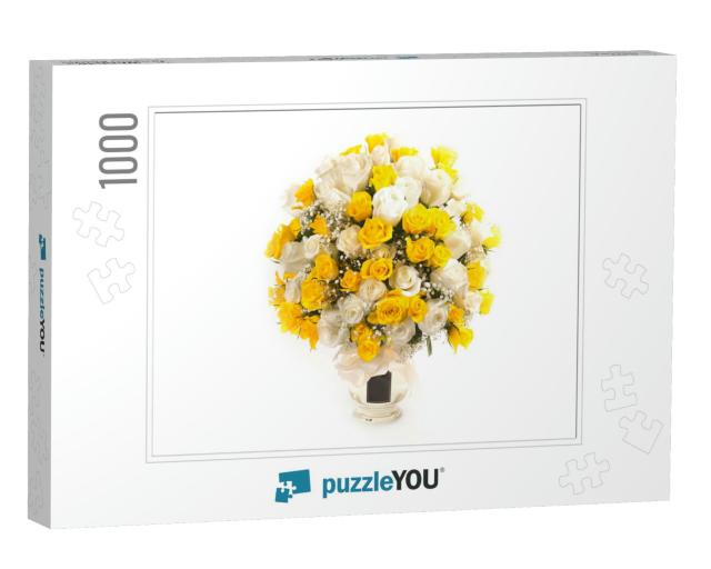 Fresh Yellow & White Rose Bouquet in a Clear Vase in Whit... Jigsaw Puzzle with 1000 pieces