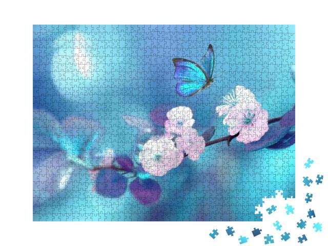 Beautiful Blue Butterfly in Flight Over Branch of Floweri... Jigsaw Puzzle with 1000 pieces