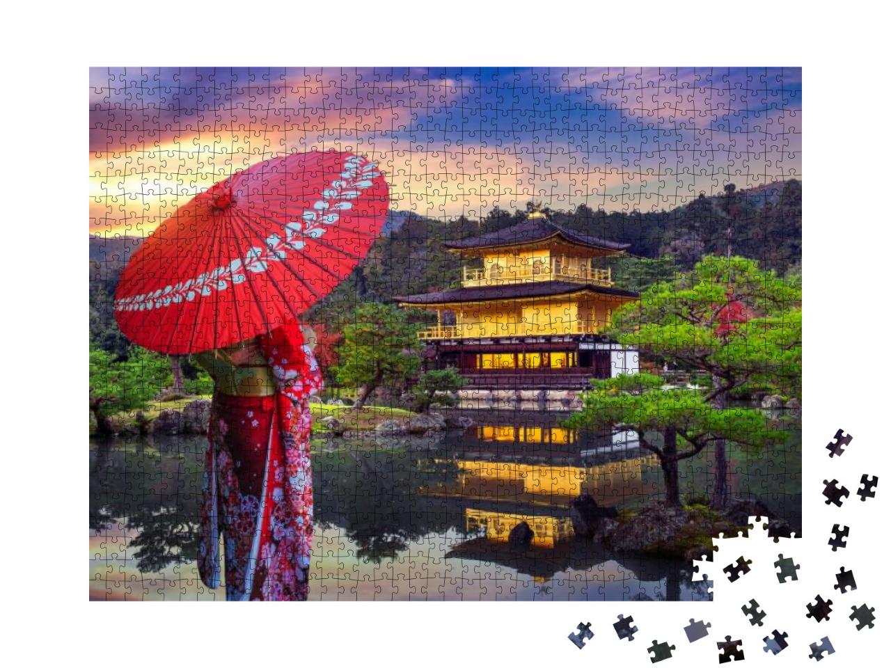 Asian Woman Wearing Japanese Traditional Kimono At Golden... Jigsaw Puzzle with 1000 pieces