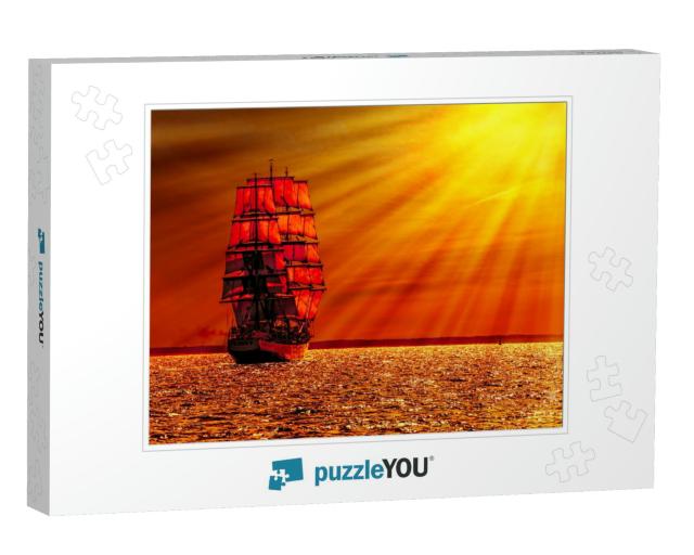 Sailing Ship on the Sea At Sunset Skyline... Jigsaw Puzzle