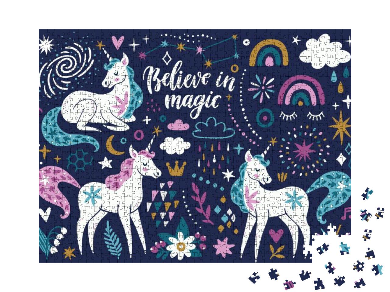 Vector Set of Magical Icons Unicorns, Rainbow, Clouds, Fl... Jigsaw Puzzle with 1000 pieces